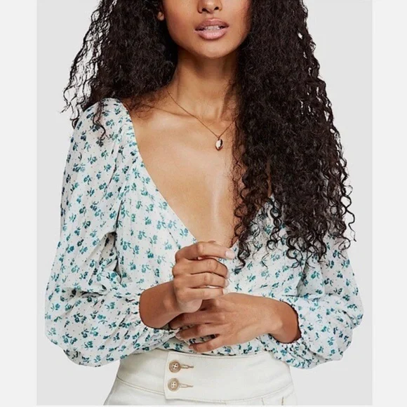 Free People NWOT Sweetie Pie Floral Sheer Mesh Crop Top - Floral Green/ Blue - Picture 1 of 10